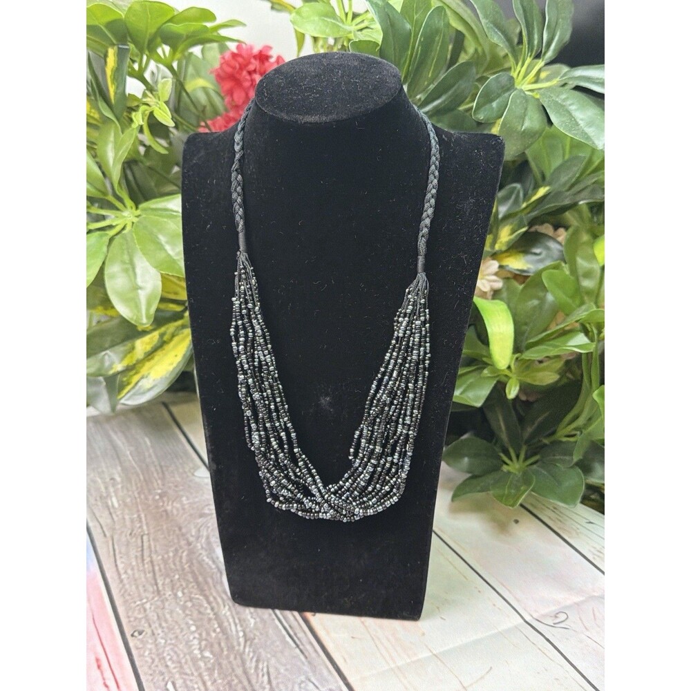 Vintage Black Multi Strand Seed Bead Necklace Boho Statement 20”